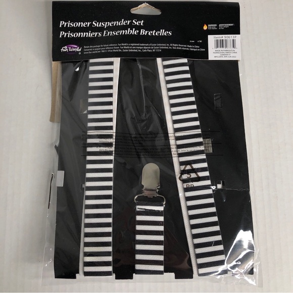 Fun World Prisoner Costume One Size Hat Handcuffs Suspenders Halloween B&W NWT - Picture 2 of 7